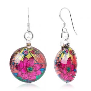 SUVANI Sterling Silver Hand Blown Glass Colorful Butterflies & Lotus Flower Retro Round Dangle Earrings 