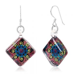 SUVANI Sterling Silver Hand Blown Glass Multi-Colored Mandala Art Square Dangle Earrings
