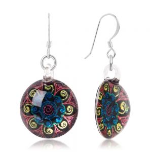 SUVANI Sterling Silver Hand Blown Glass Multi-Colored Mandala Art Round Dangle Earrings