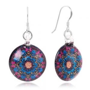 SUVANI Sterling Silver Hand Blown Glass Blue & Pink Mandala Art Flower Round Dangle Earrings