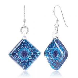 SUVANI Sterling Silver Hand Blown Venetian Murano Glass Blue Mandala Flower Square Dangle Earrings