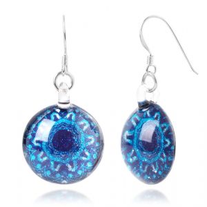 SUVANI Sterling Silver Hand Blown Venetian Murano Glass Blue Mandala Flower Round Dangle Earrings