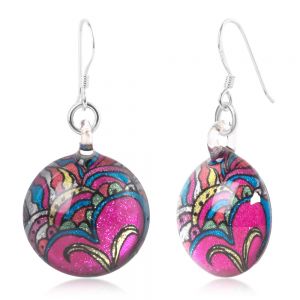 SUVANI Sterling Silver Hand Blown Murano Glass Multi-Colored Butterfly Flower Art Round Dangle Earrings