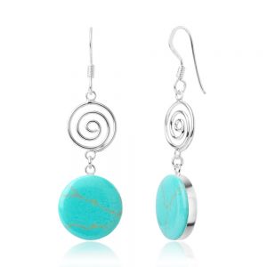 SUVANI 925 Sterling Silver Natural Blue Turquoise Stone Double Round Dangle Hook Earrings 1.77 inches