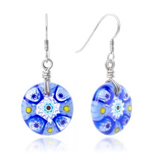 SUVANI 925 Sterling Silver Millefiori Murano Glass of Venice Blue Shade Round Dangle Earrings 1.45”