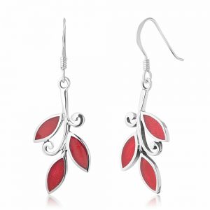 SUVANI Sterling Silver Reconstructed Red Coral Tree Branch Leaves Drop Dangle Hook Earrings 1.45"