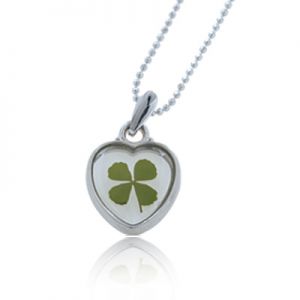 Stainless Steel Real Four (4) Leaf Clover Good Luck Shamrock Heart Pendant Necklace, 16-18 inches