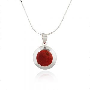 SUVANI 925 Sterling Silver Natural Red Bamboo Sea Coral Inlay Round Pendant Necklace, 18 inches