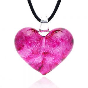 Suvani Jewelry Hand Blown Venetian Murano Glass Rose Pink Heart Shaped Pendant Necklace, 18-20 inches