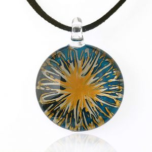 SUVANI Hand Blown Venetian Murano Glass Blue with Yellow Flower Pendant Necklace, 18-20 inches