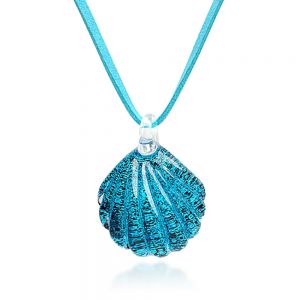 SUVANI Hand Blown Murano Glass Ocean Blue Sea Shell Shaped Pendant Necklace, 18-20 inches