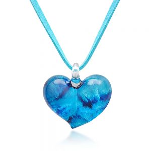 Hand Blown Venetian Murano Glass Blue Heart Shaped Pendant Necklace, 18-20 inches