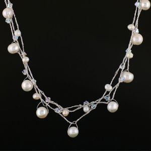 Silk Thread and Genuine White Cultured Freshwater Pearl Three (3) Strand Necklace, 16-18 inches