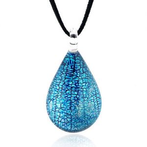 SUVANI Hand Blown Venetian Murano Glass Blue and Silver Water Drop Pendant Necklace, 18-20 inches
