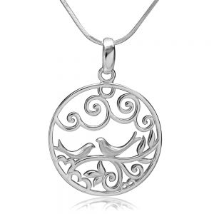 SUVANI 925 Sterling Silver Filigree Lovebirds on Tree Branch Love Symbol Round Pendant Necklace, 18 inches