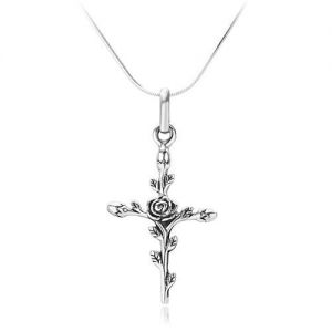 SUVANI Sterling Silver Vintage Rose Flower Cross Pendant Necklace 18"