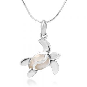SUVANI Sterling Silver White Mother of Pearl Shell Dangling Sea Turtle Pendant Necklace, 18 inches