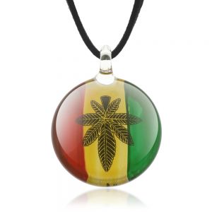 Hand Blown Venetian Murano Glass Marijuana Leaf Rasta Reggae Round Pendant Necklace, 18-20 inches