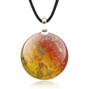 Venetian Murano Glass Golden Stardust Sunset Sky Red Yellow Round Pendant Necklace, 18-20 inches