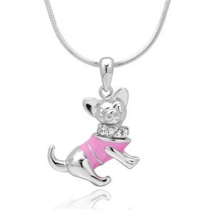 925 Sterling Silver CZ Cubic Zirconia 3D Cute Pink Chihuahua Puppy Dog Pendant Necklace, 18 inches