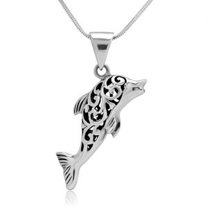 SUVANI 925 Oxidized Sterling Silver Filigree Jumping Dolphin Porpoise Pendant Necklace, 18 inches