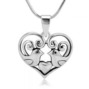 925 Sterling Silver Adorable Love Birds Kissing Heart Shaped Celtic Pendant Necklace, 18 inches
