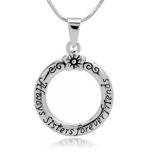 925 Sterling Silver "Always Sisters Forever Friends" Flower Round Pendant Necklace, 18 inches