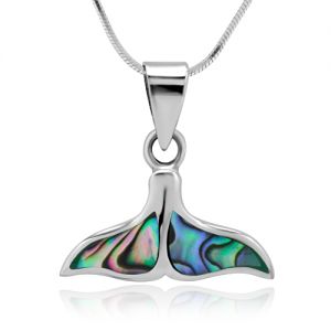 Sterling Silver Green Abalone Shell Inlay Whale Tail Pendant Necklace 18'' 