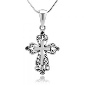 SUVANI Sterling Silver Celtic Filigree Design Cross Pendant Necklace, 18 inch Snake Chain