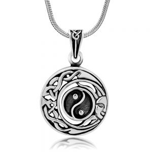 SUVANI Oxidized Sterling Silver Celtic Yin Yang Moon Sun Symbol Open Round Pendant Necklace, 18 inches