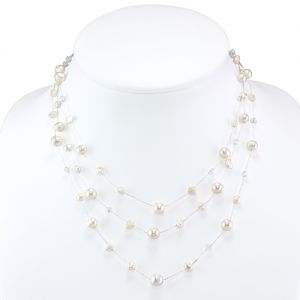 Silk Thread and White Cultured Freshwater Pearl Clear Crystal 3-Strand Necklace, 18-20 inches