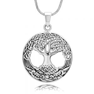 SUVANI 925 Collar con colgante redondo de plata de ley oxidada con nudo celta antiguo árbol de la vida, 18.0 in