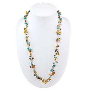 Silk Thread and Genuine Bronze Mother of Pearl Shell Blue Turqoise Gemstone Beads Long Necklace