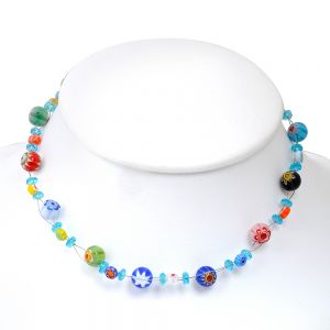 Venetian Murano Glass Crsytal Bead Multi-Colored Millefiori Flower Round Necklace, 16-18 inches