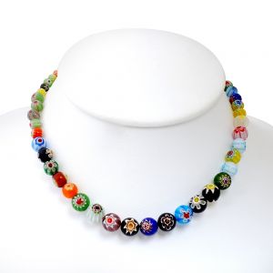 SUVANI Venetian Murano Glass Multi-Colored Millefiori Flower Ball Round Beads Necklace, 17-19 inches