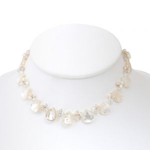 White Mother of Pearl and Cultured Freshwater Pearl Clear Crystal Beads Necklace, 16-18 inches