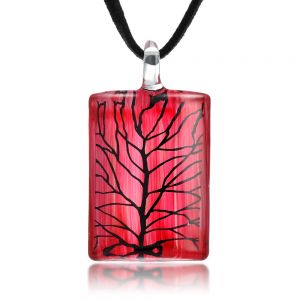 Hand Painted Venetian Murano Glass Tree Branch Pink Rectangular Pendant Necklace, 18-20 inches