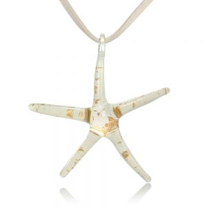 Hand Painted Murano Glass White Golden Glitter Starfish White Leather Pendant Necklace, 18-20 inches