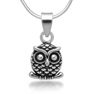 SUVANI 925 Oxidized Sterling Silver Little Owl on Tree Branch Pendant Necklace, 18 inches