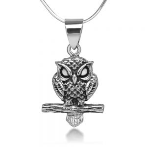 SUVANI 925 Oxidized Sterling Silver Detail Owl on Tree Branch Pendant Necklace, 18 inches