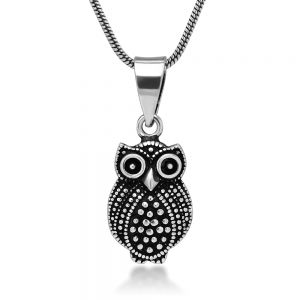 SUVANI 925 Oxidized Sterling Silver Vintage Style Detailed Owl Bird Lover Pendant Necklace, 18 inches