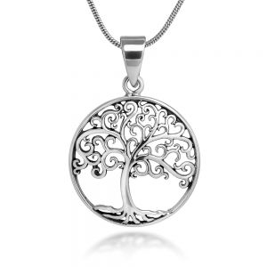 SUVANI Sterling Silver 21 mm Filigree Tree of Life Symbol Round Pendant Necklace, 18'' Snake Chain