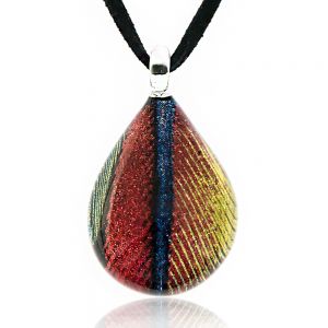 Hand Blown Venetian Murano Glass Peacock Feather Multi-Colored Teardrop Pendant Necklace, 17-19”