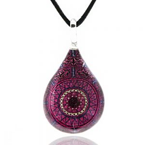 Hand Blown Venetian Murano Glass Pink Sun Mandala Teardrop Pendant Necklace, 17-19 inches