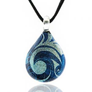 Hand Blown Venetian Murano Glass Glitter Blue Sea Wave Teardrop Pendant Necklace, 17-19 inches