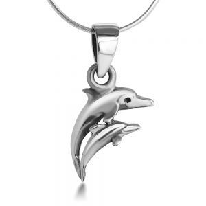 SUVANI Sterling Silver 15 mm Mom and Baby Dolphin Charm Pendant Necklace, 18'' Snake Chain