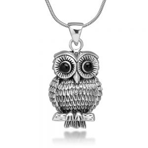 SUVANI 925 Oxidized Sterling Silver Vintage Detail Black Eyes Owl Tree Branch Pendant Necklace, 18 inches