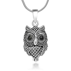 925 Oxidized Sterling Silver Vintage Detail Black Eyes Owl Pendant Necklace, 18 inches