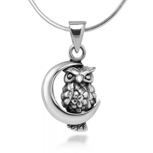 SUVANI 925 Oxidized Sterling Silver Tiny Little Owl with Crescent Moon Pendant Necklace, 18 inches