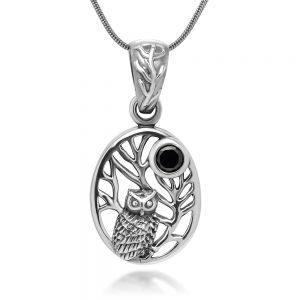 SUVANI 925 Oxidized Sterling Silver Owl Tree Midnight Black CZ Full Moon Oval Pendant Necklace, 18 inches